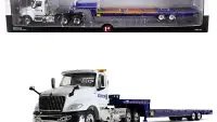 International LT Day Cab Komatsu with Ledwell Hydratail Trailer 1/34 Diecast Model by First Gear - White & Blue