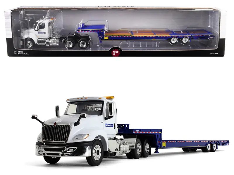 International LT Day Cab Komatsu with Ledwell Hydratail Trailer 1/34 Diecast Model by First Gear – White & Blue