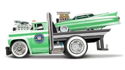 1966 Chevrolet C60 & 1961 Cadillac Coupe Diecast Models - Green Metallic 'Cadillac Service' by Muscle Machines 1/64