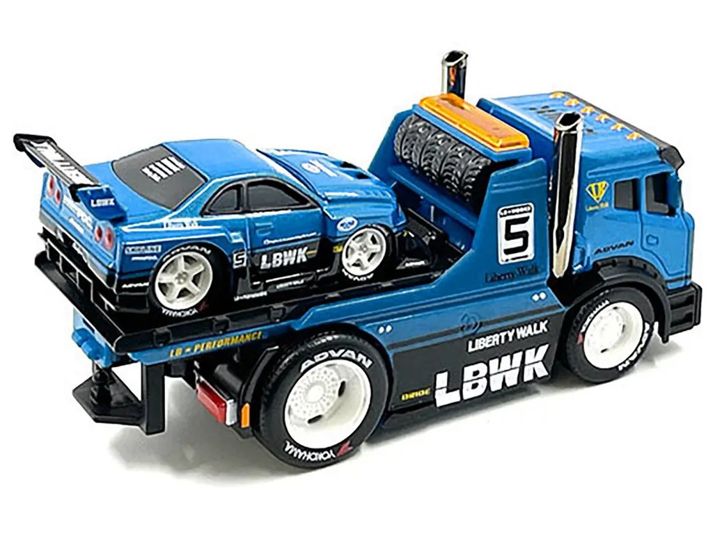 Liberty Walk JDM Flatbed Truck & 1999 Nissan Skyline GT-R R34 Diecast Models 1/64 by Muscle Machines