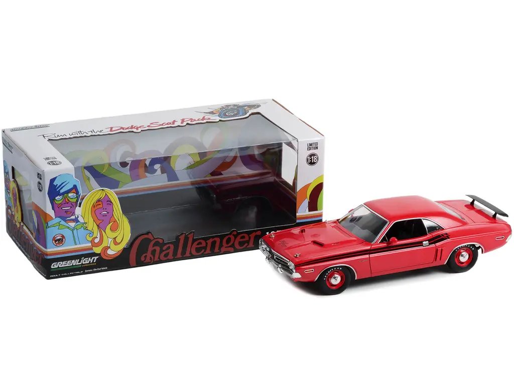1971 Dodge Challenger R/T Diecast Model 1/18 – Bright Red with Black Stripes by Greenlight