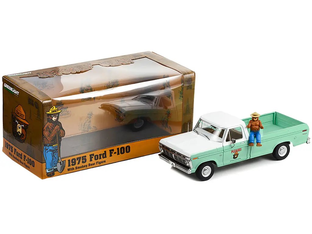 1975 Ford F-100 Forest Service Green Diecast Truck with Smokey Bear Figure – 1/18 Model by Greenlight