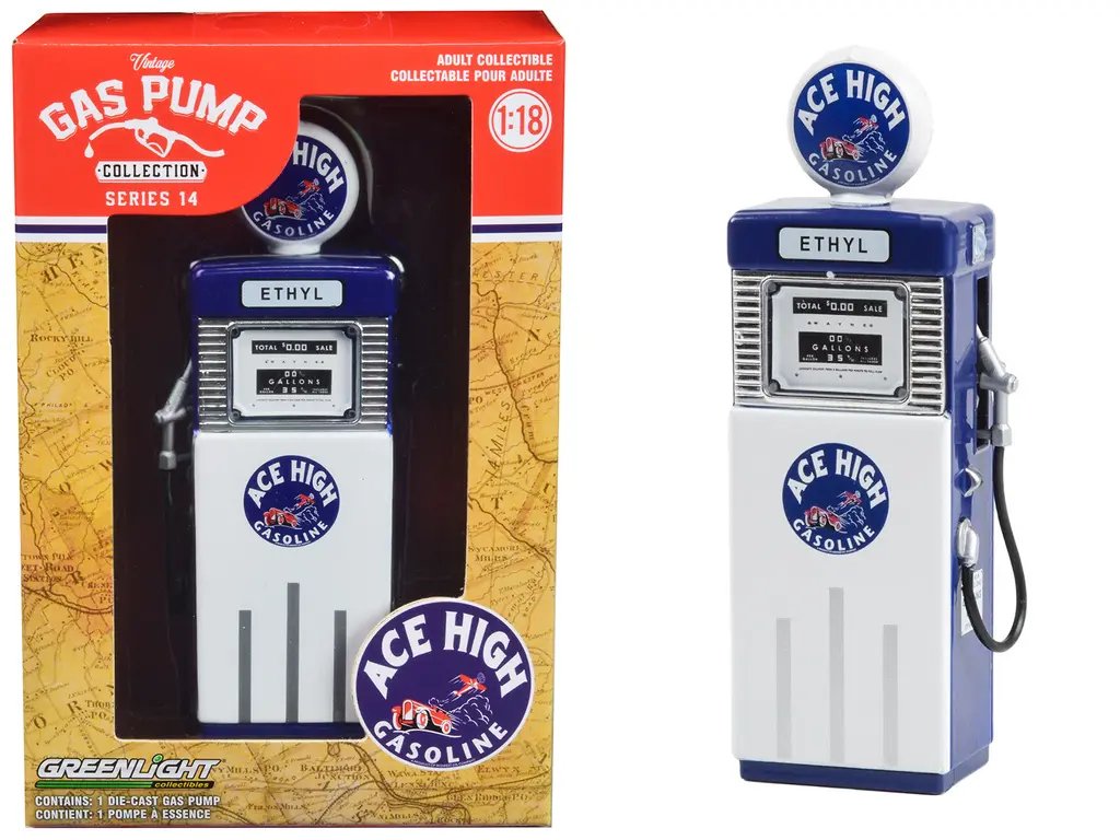 Vintage 1951 Wayne 505 Gas Pump Diecast Replica – Ace High White & Blue by Greenlight