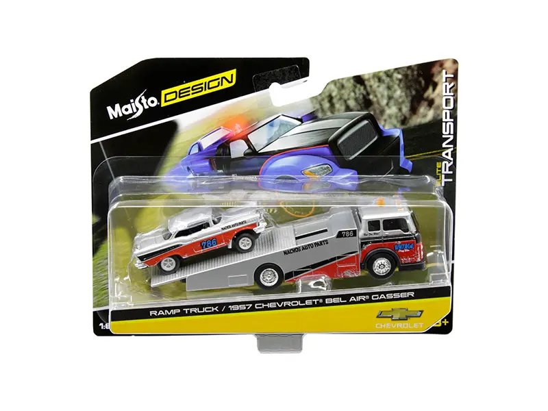 1957 Chevrolet Bel Air Gasser #786 Silver and Red with Ramp Tow Truck “Elite Transport” 1/64 Diecast Models by Maisto