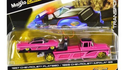 1957 Chevrolet Flatbed Truck and 1959 Chevrolet Impala SS Hot Pink with Black Top and Graphics "Elite Transport" Series 1/64 Diecast Models by Maisto
