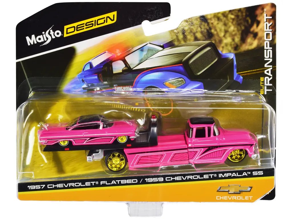 1957 Chevrolet Flatbed Truck and 1959 Chevrolet Impala SS Hot Pink with Black Top and Graphics “Elite Transport” Series 1/64 Diecast Models by Maisto