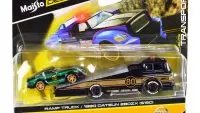 Ramp Truck #80 Dark Gray Metallic with Gold Metallic Stripes "JDM Garage" and 1980 Datsun 280ZX (S130) #80 Green Metallic with Stripes "Elite Transport" Series 1/64 Diecast Models by Maisto