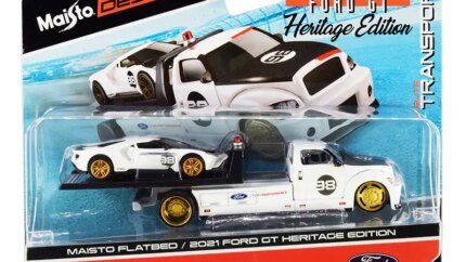 2021 Ford GT #98 Heritage Edition Diecast Model with Flatbed Truck - Maisto Elite Transport 1/64