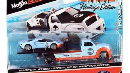 2019 Ford GT #9 Heritage Edition Diecast Model with Flatbed Truck - Elite Transport Series by Maisto