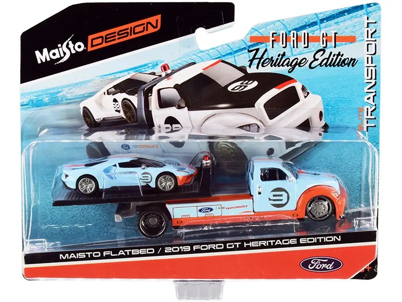 2019 Ford GT #9 Heritage Edition Diecast Model with Flatbed Truck – Elite Transport Series by Maisto
