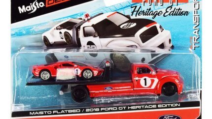 2018 Ford GT #1 Heritage Edition Diecast Model with Flatbed Truck - Elite Transport 1/64 by Maisto