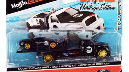 2017 Ford GT #2 Heritage Edition Diecast Model with Flatbed Truck - Maisto Elite Transport 1/64