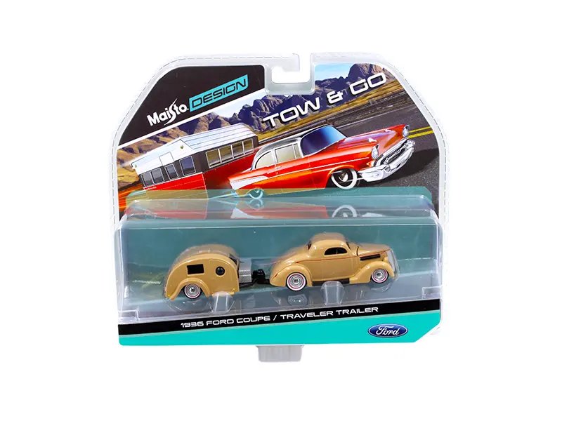 Vintage 1936 Ford Coupe with Gold Traveler Trailer: Classic Car Enthusiast’s Dream