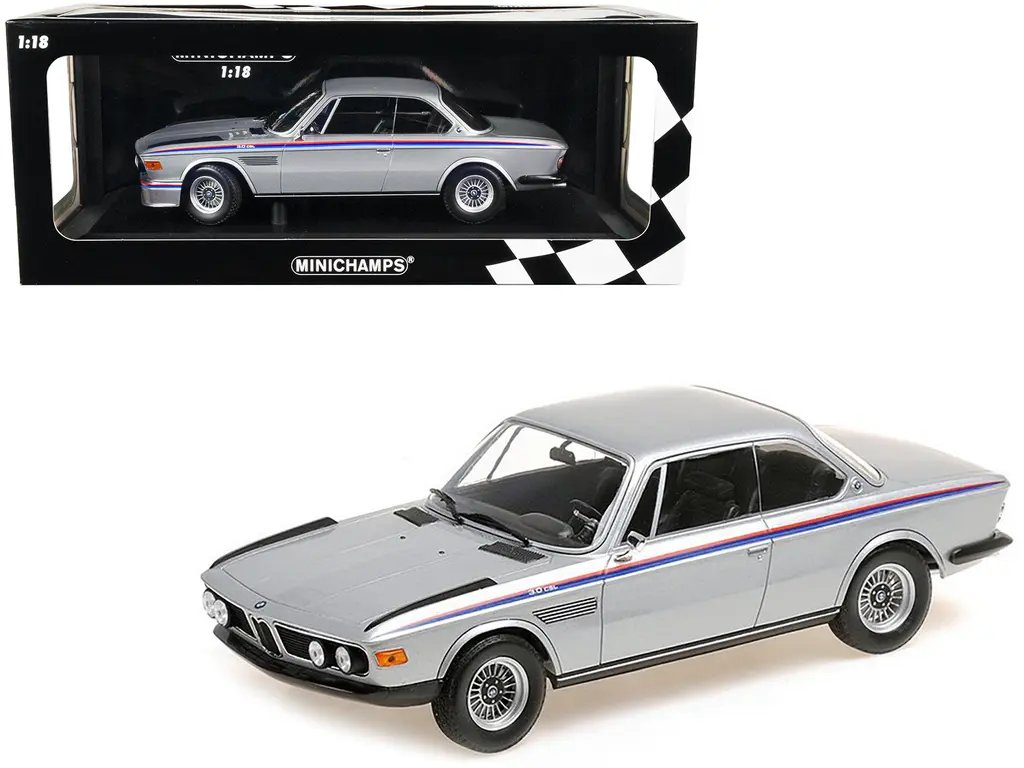 Limited Edition 1973 BMW 3.0 CSL Diecast Model 1/18 by Minichamps – Silver Metallic with Red & Blue Stripes