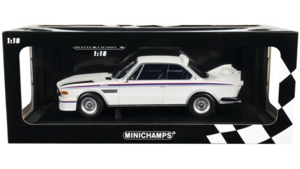 Limited Edition 1973 BMW 3.0 CSL Diecast Model 1/18 by Minichamps - White with Red & Blue Stripes