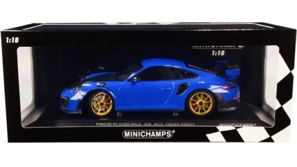 2018 Porsche 911 GT2RS 1/18 Diecast Model - Blue, Carbon Hood, Gold Wheels, Limited Edition by Minichamps