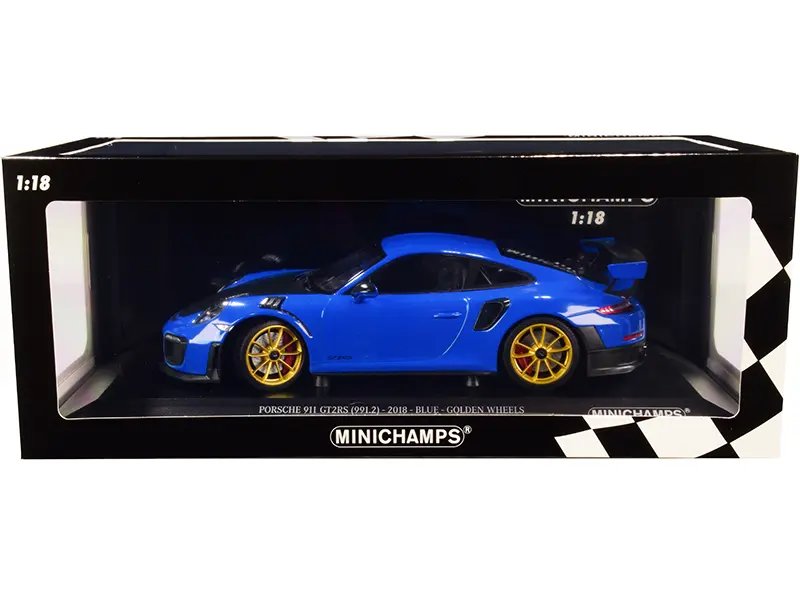 2018 Porsche 911 GT2RS 1/18 Diecast Model – Blue, Carbon Hood, Gold Wheels, Limited Edition by Minichamps