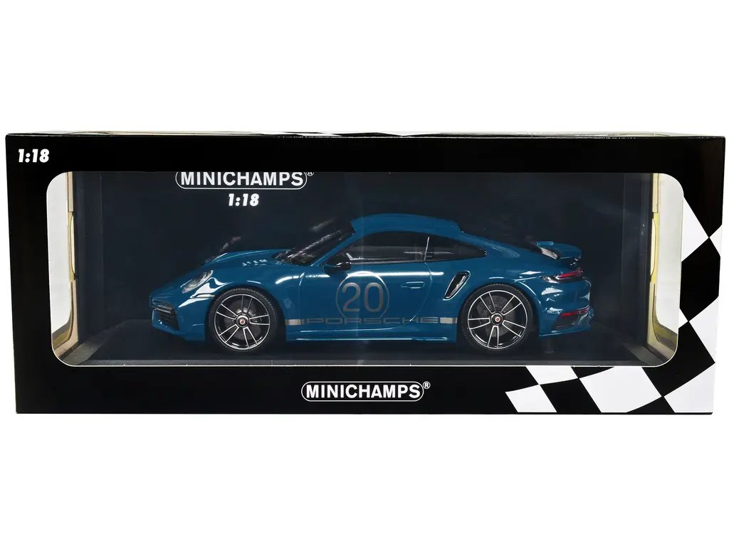Limited Edition 2021 Porsche 911 Turbo S Diecast Model 1/18 by Minichamps – Blue Metallic with Silver Stripes