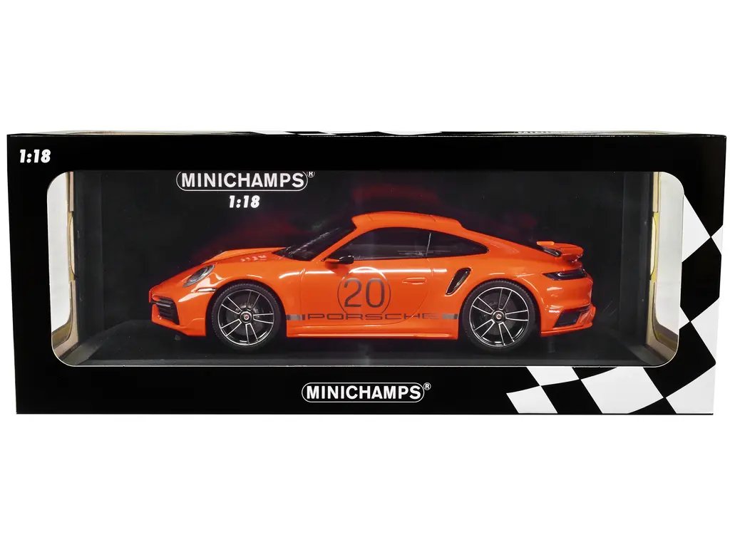 Limited Edition 2021 Porsche 911 Turbo S Diecast Model 1/18 by Minichamps – Orange with Silver Stripes