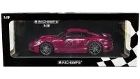 Limited Edition 2021 Porsche 911 Turbo S 1/18 Diecast Model by Minichamps - Red Violet with Silver Stripes