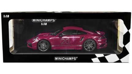Limited Edition 2021 Porsche 911 Turbo S 1/18 Diecast Model by Minichamps - Red Violet with Silver Stripes