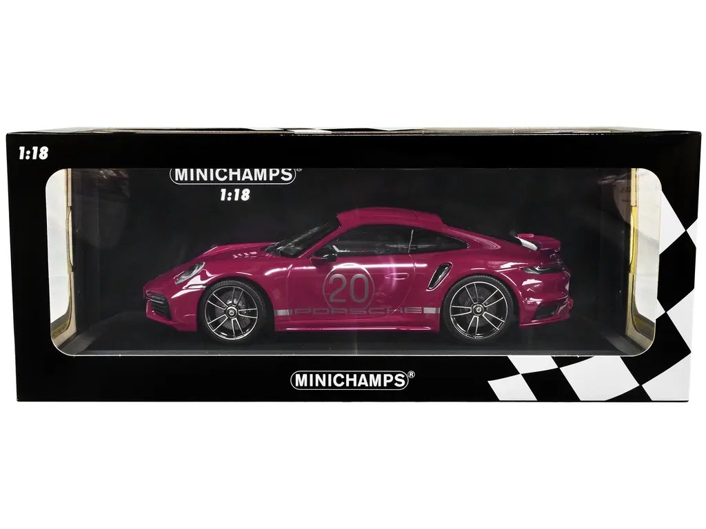 Limited Edition 2021 Porsche 911 Turbo S 1/18 Diecast Model by Minichamps – Red Violet with Silver Stripes