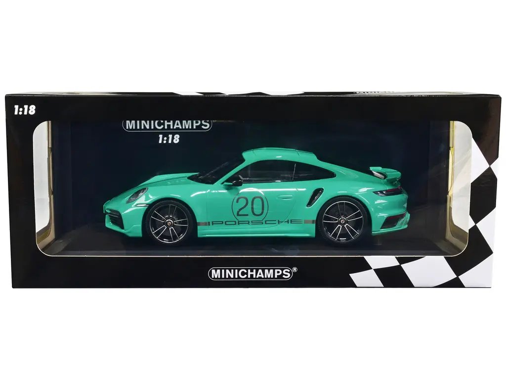 Limited Edition 2021 Porsche 911 Turbo S Diecast Model 1/18 by Minichamps – Green with Silver Stripes