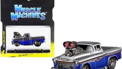 1955 Chevrolet Cameo Pickup Truck Gray and Blue Metallic with Flames 1/64 Diecast Model Car by Muscle Machines