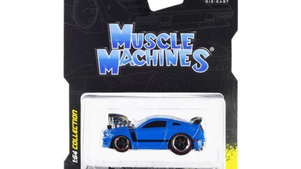 2013 Ford Mustang Boss 302 Light Blue with Black Stripes 1/64 Diecast Model Car by Muscle Machines