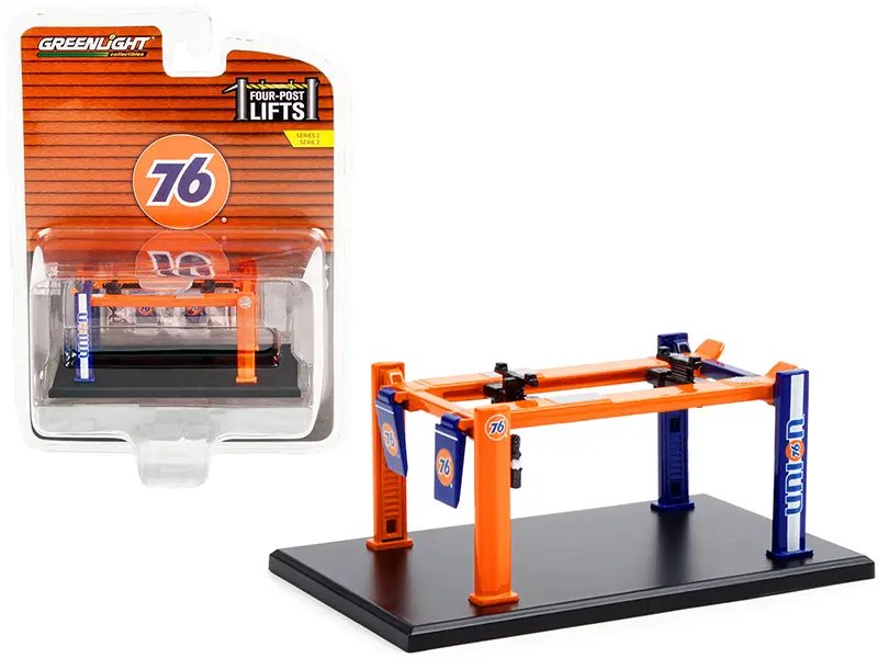 Adjustable Union 76 Orange & Blue Four-Post Lift 1/64 Diecast Model by Greenlight