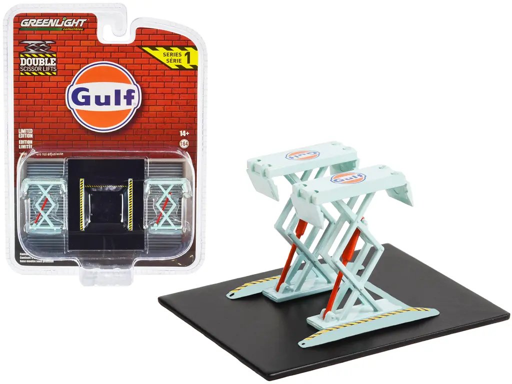 Greenlight 1/64 Diecast Gulf Oil Double Scissor Lift – Light Blue Series 1 Model