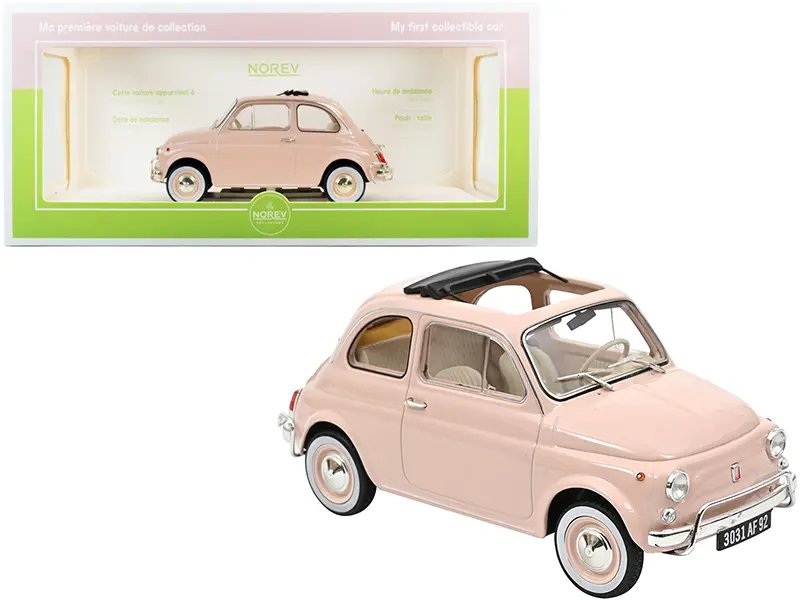 1968 Fiat 500L Pink with Special BIRTH Packaging “My First Collectible Car” 1/18 Diecast Model Car by Norev