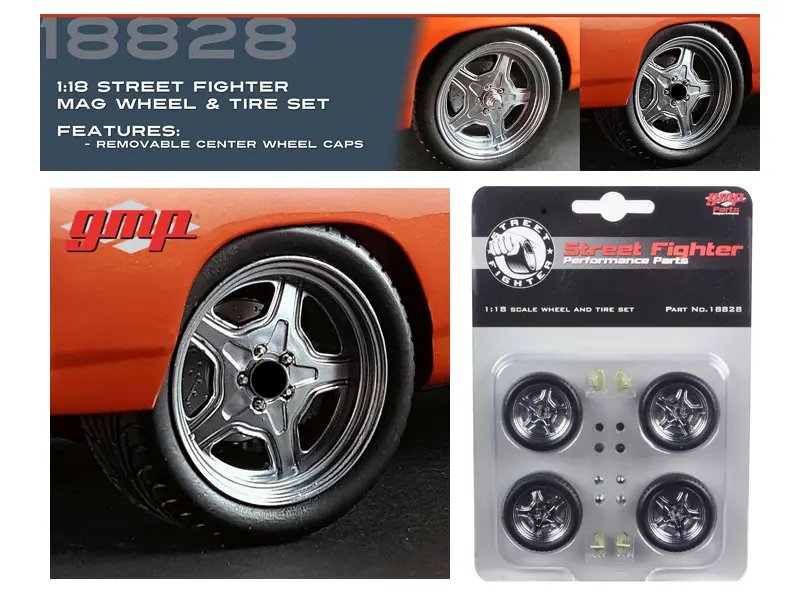 Street Fighter Mag Wheel and Tire Set of 4 pieces from “1970 Plymouth RoadRunner “The Hammer” “Fast & Furious” Movie 1/18 by GMP