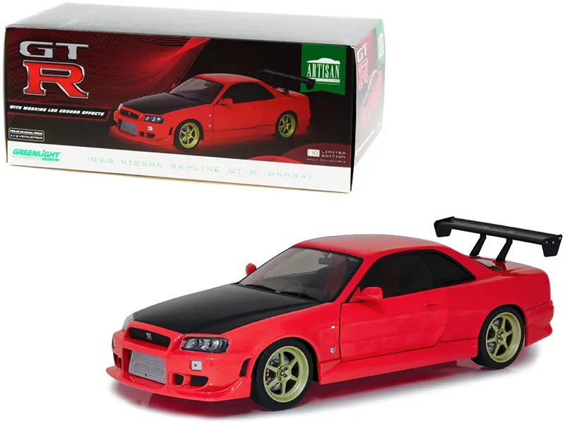 1999 Nissan Skyline GT-R BNR34 1/18 Diecast Model – Red, RHD, Neon Underglow by Greenlight