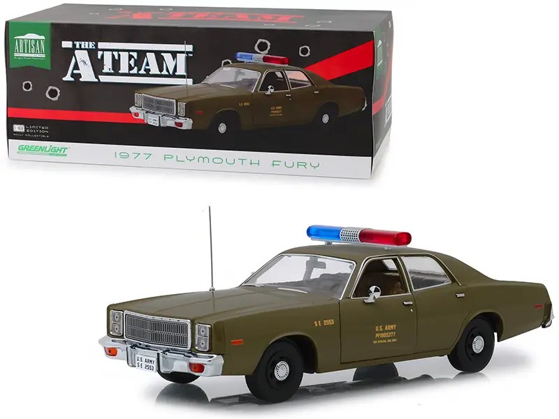 1977 Plymouth Fury Army Green Diecast Model – The A-Team TV Series Collectible by Greenlight 1/18