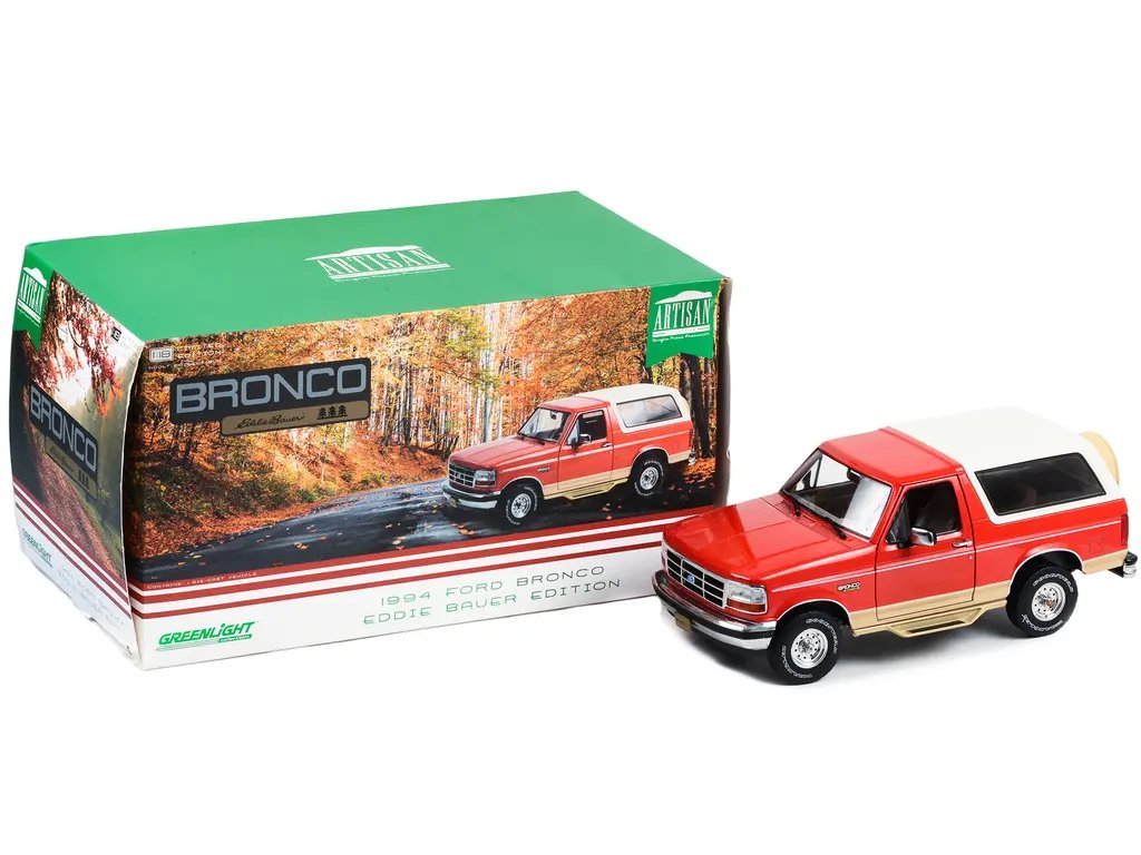 1994 Ford Bronco Eddie Bauer Edition 1/18 Diecast Model – Electric Red & Tucson Bronze by Greenlight