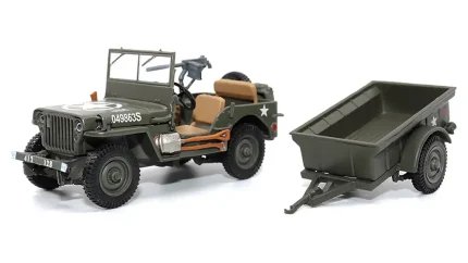 Authentic 1/43 Willys Jeep Diecast Model with Trailer - Olive Drab US Army Collectible