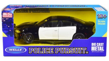 2016 Dodge Charger Pursuit Police Interceptor 1/24 Diecast Model by Welly - Unmarked Black & White Collectible