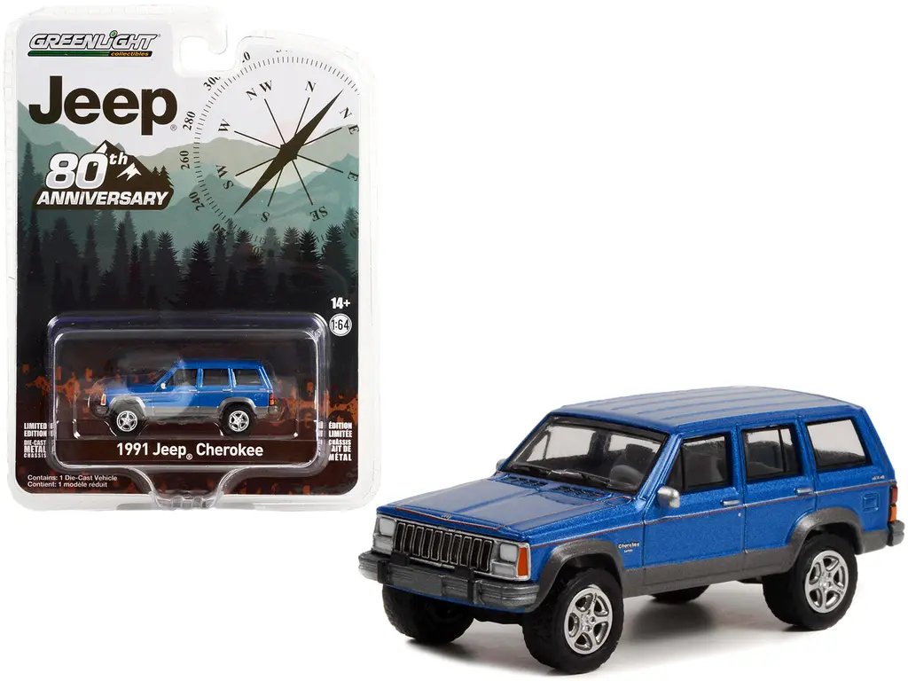 1991 Jeep Cherokee Blue Metallic with Red Stripes “Jeep 80th Anniversary Edition” “Anniversary Collection” Series 14 1/64 Diecast Model Car by Greenlight