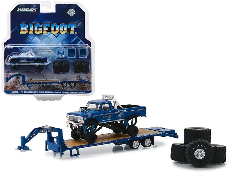 1974 Ford F-250 Bigfoot #1 Monster Truck Diecast Model with Trailer & Tires – 1/64 Greenlight Exclusive