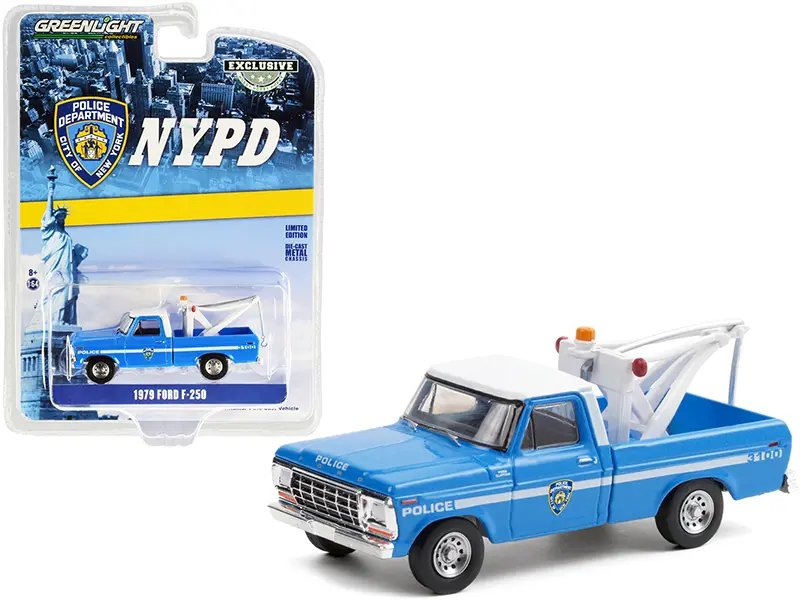 Diecast Model Cars wholesale toys dropshipper drop shipping 1979 Ford F-250 Tow Truck Drop In Tow Hook Blue White Top New York City Police Dept NYPD Hobby Exclusive 1/64 Greenlight 30224 drop shipping wholesale drop ship drop shipper dropship dropshi 1979 Ford F-250 NYPD Tow Truck 1/64 Diecast Model by Greenlight - Hobby Exclusive
