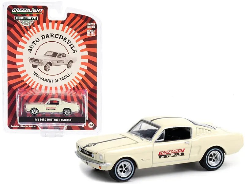 1965 Ford Mustang Fastback #56 Diecast Model Car – Cream Auto Daredevils “Tournament Of Thrills” 1/64 by Greenlight