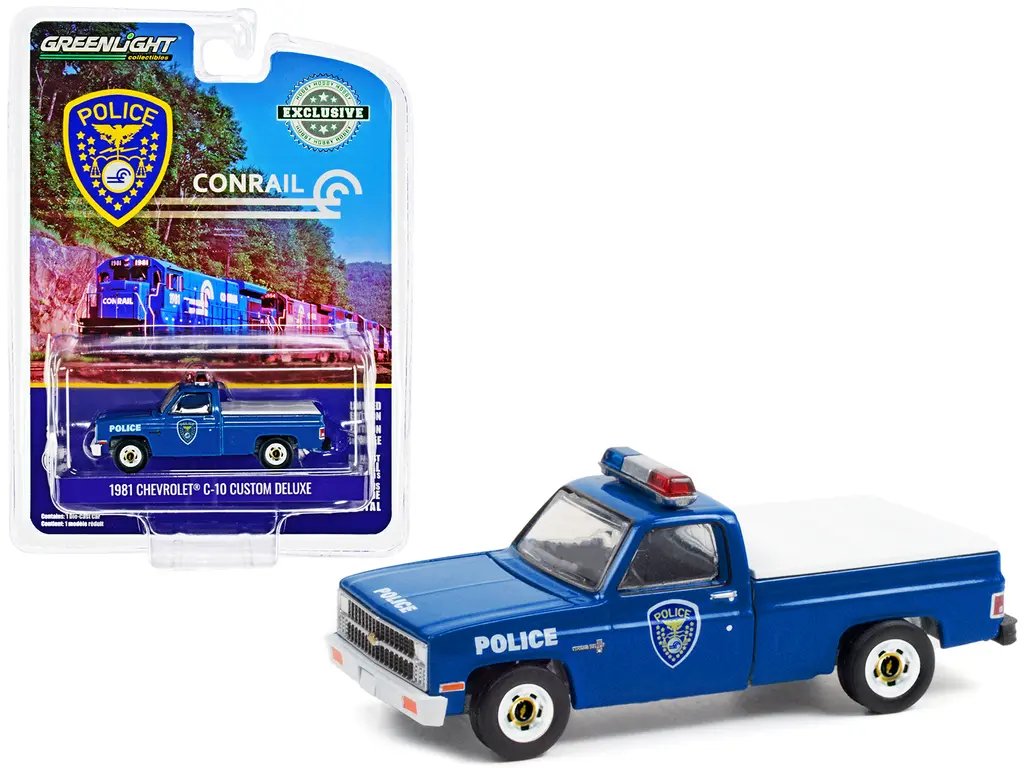 1981 Chevrolet C-10 Custom Deluxe Pickup Truck Blue with White Truck Bed Cover “Conrail (Consolidated Rail Corporation) Police” “Hobby Exclusive” 1/64 Diecast Model Car by Greenlight