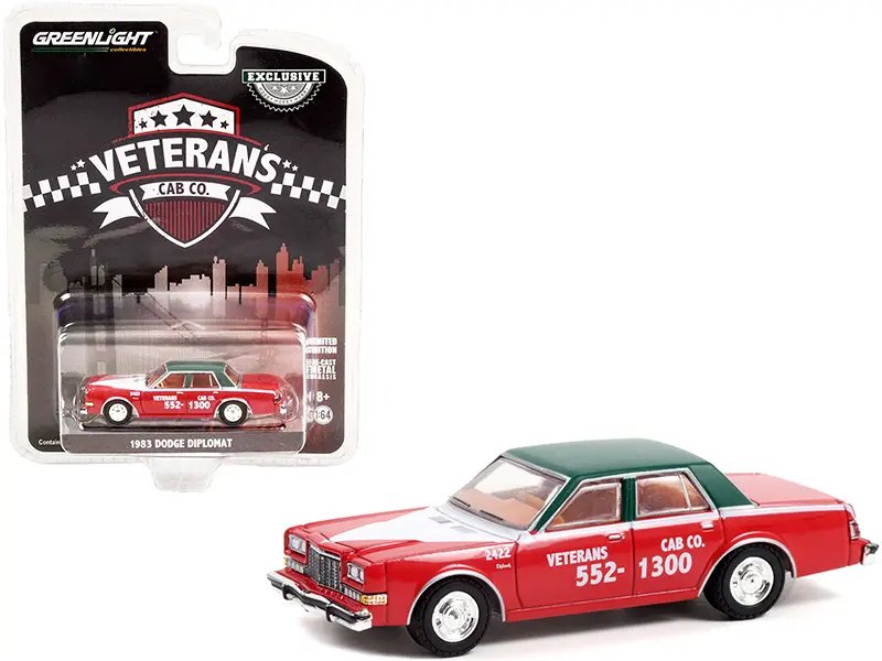 1983 Dodge Diplomat Red and White with Matt Green Top “Veteran’s Cab Co.” Taxi San Francisco (California) “Hobby Exclusive” 1/64 Diecast Model Car by Greenlight