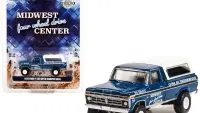 1974 Ford F-250 Pickup Truck with Camper Shell 1/64 Diecast Model - Blue Metallic, Black Stripes, Bigfoot Edition by Greenlight