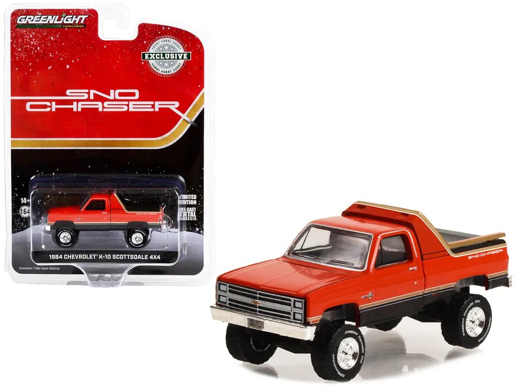 1984 Chevrolet K-10 Scottsdale 4×4 Diecast Model – Red & Black ‘Sno Chaser’ by Greenlight