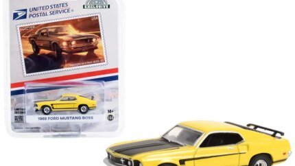 1969 Ford Mustang Boss 302 Diecast - Yellow & Black, USPS 2022 Pony Car Stamp, 1/64 Greenlight Exclusive