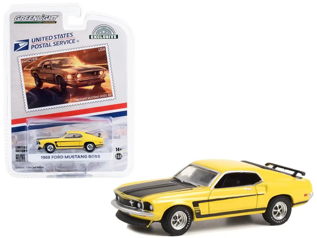 1969 Ford Mustang Boss 302 Diecast – Yellow & Black, USPS 2022 Pony Car Stamp, 1/64 Greenlight Exclusive