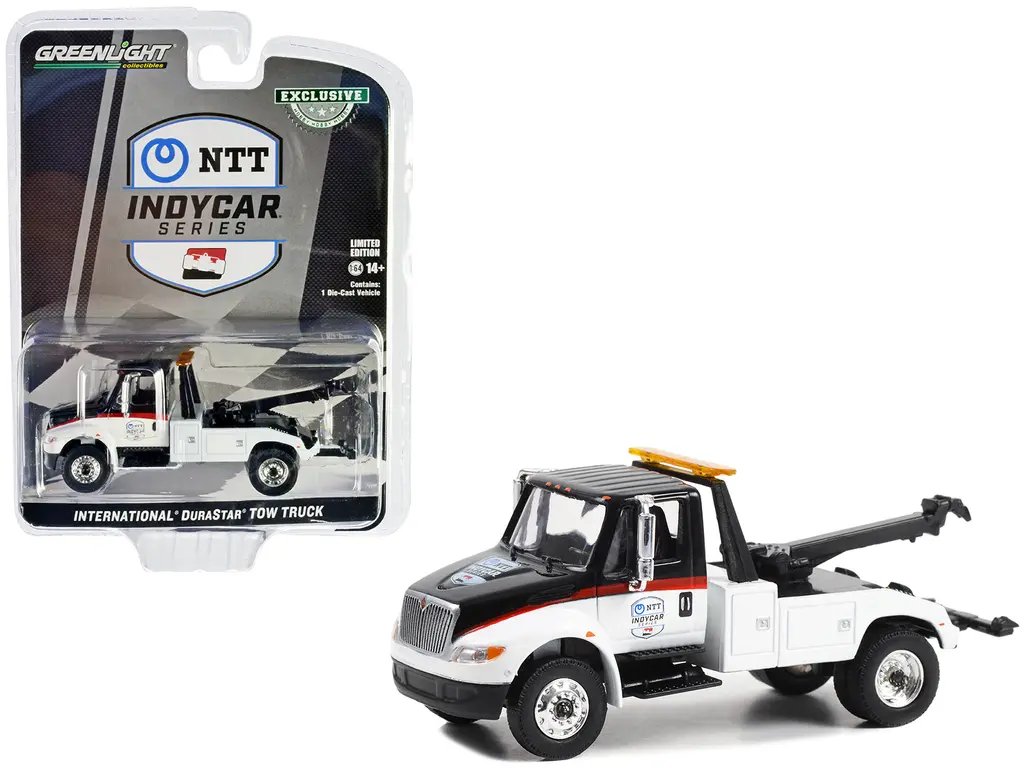 2023 Greenlight 1/64 Diecast: Black & White International Durastar 4400 Tow Truck – NTT IndyCar Series Exclusive