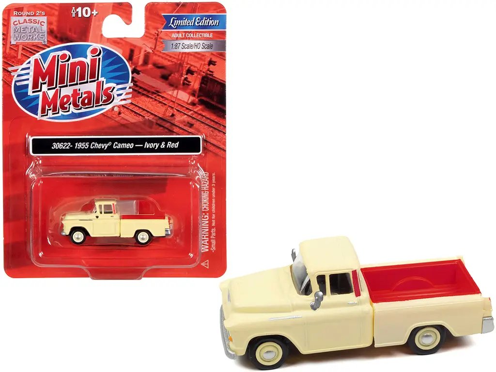 1955 Chevrolet Cameo Pickup Truck Ivory & Red 1/87 HO Scale Model by Classic Metal Works